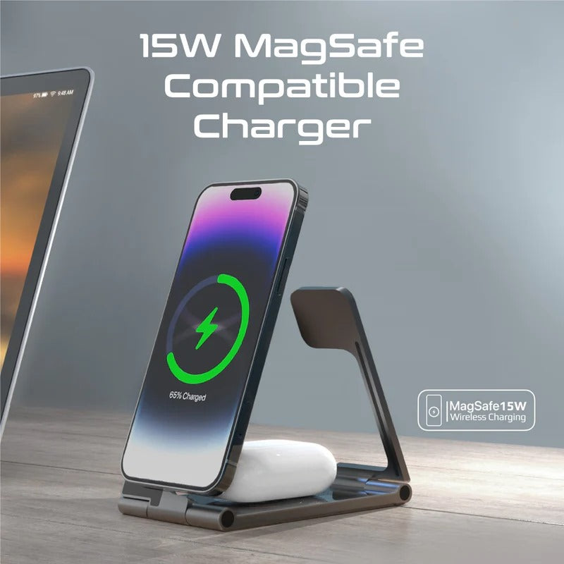 Promate 3-in-1 Foldable Wireless Charging Station – 15W MagSafe compatible, 3W Apple Watch charger, 10W wireless pad, ultra-slim transparent design