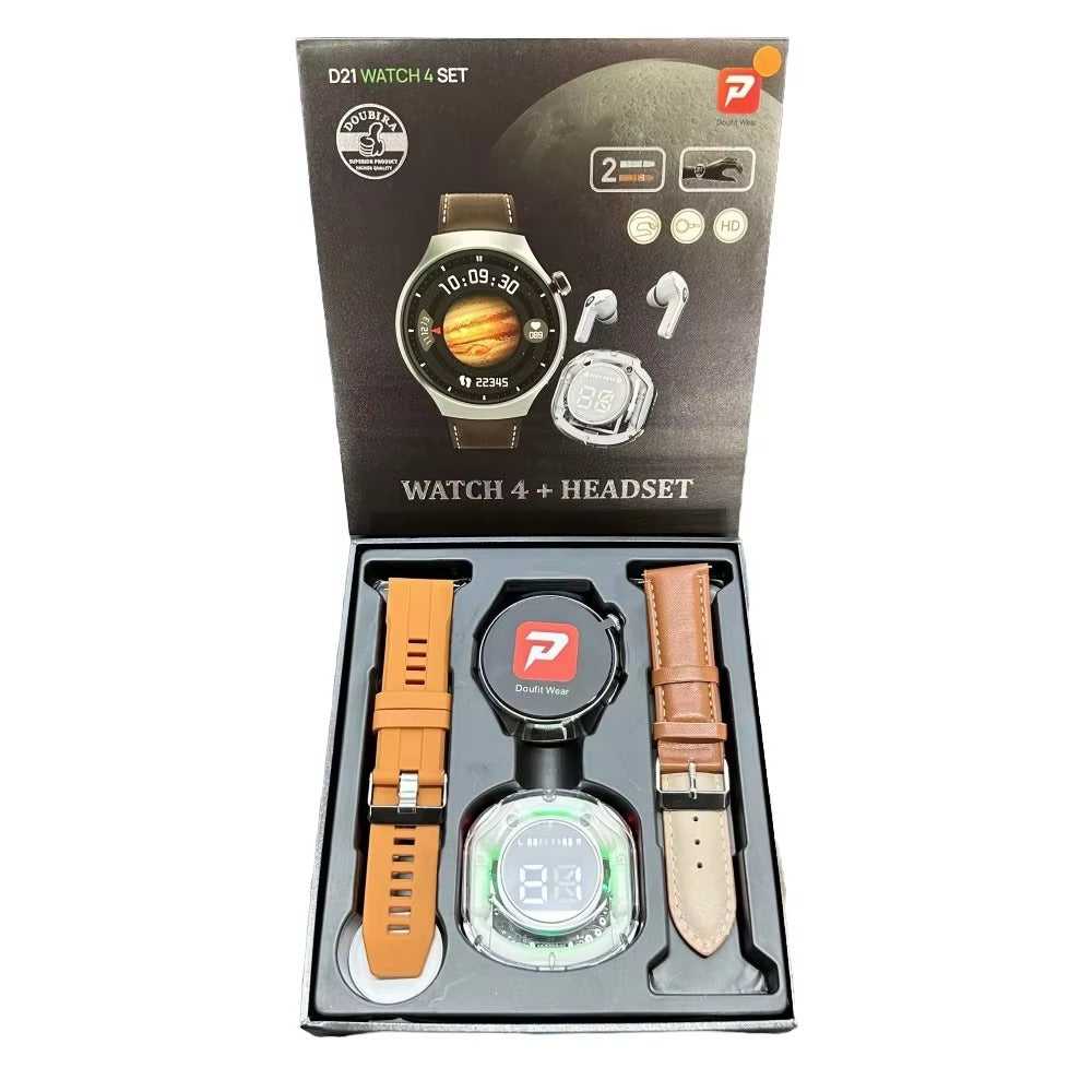 DT21 Watch4 Round Smartwatch + Headset | 2-in-1 Combo with Silicone & Leather Straps