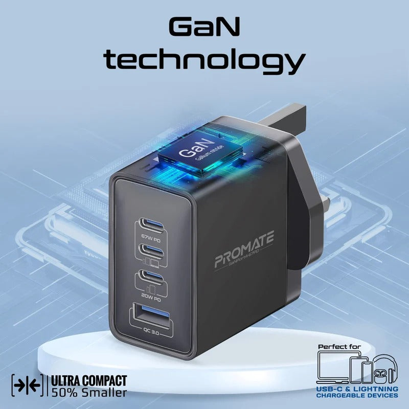 Promate GaNPort4-67PD – GaN USB-C Charger 67W Fast Charging