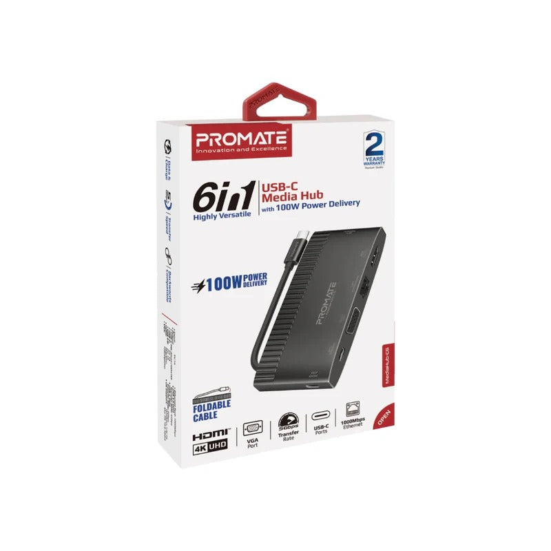 Promate 6 in 1 Super Speed USB-C Media Hub with 100W Power Delivery