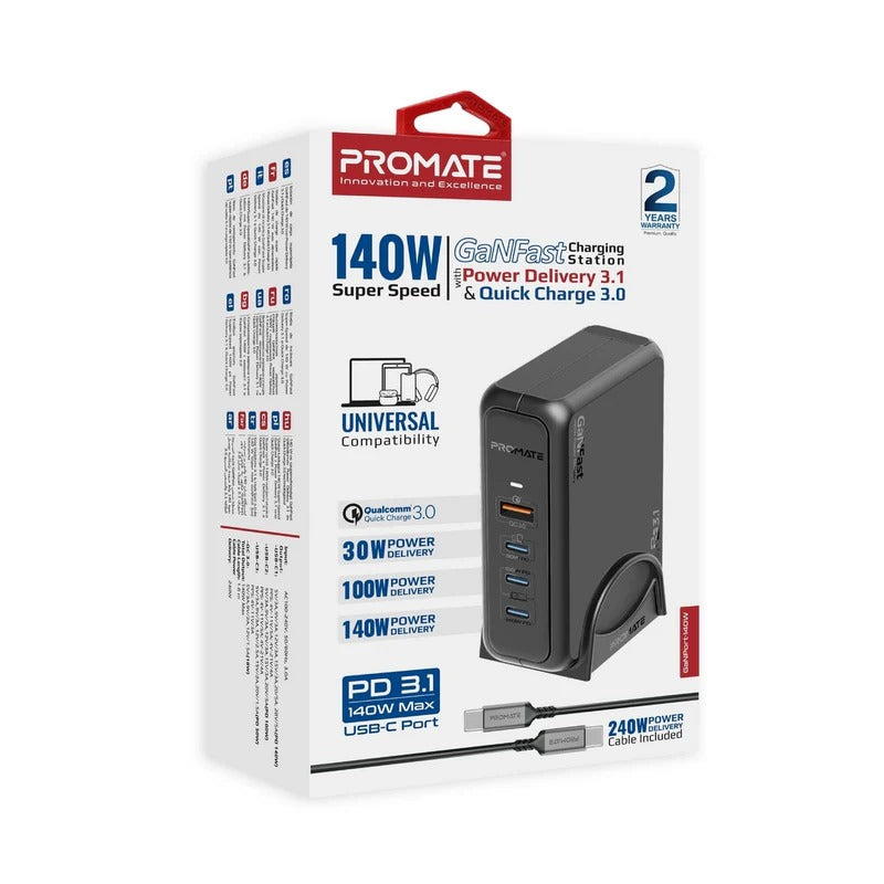 Promate 140W Super-Speed GaNFast™ Charging Station – Ultra-Fast PD 3.1 & QC 3.0 Charger with 1.8m 240W Cable - Veritas Electronics Kenya