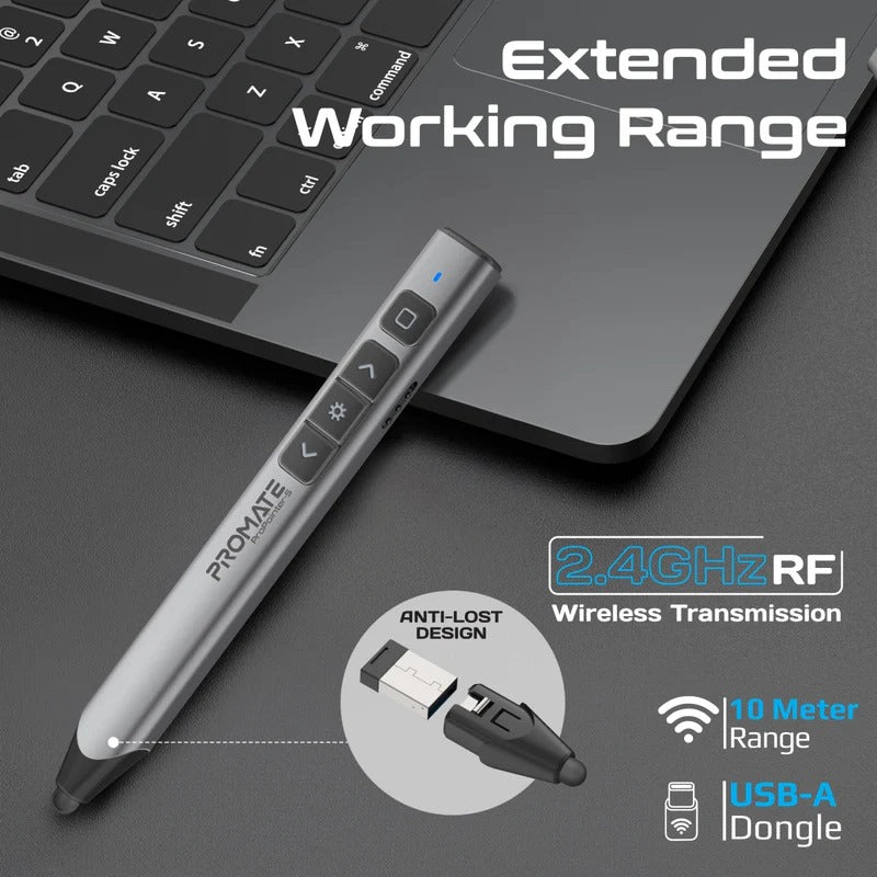 Promate Universal Intuitive Wireless Presenter with Stylus Pen – Green Laser Pointer, 220mAh Battery