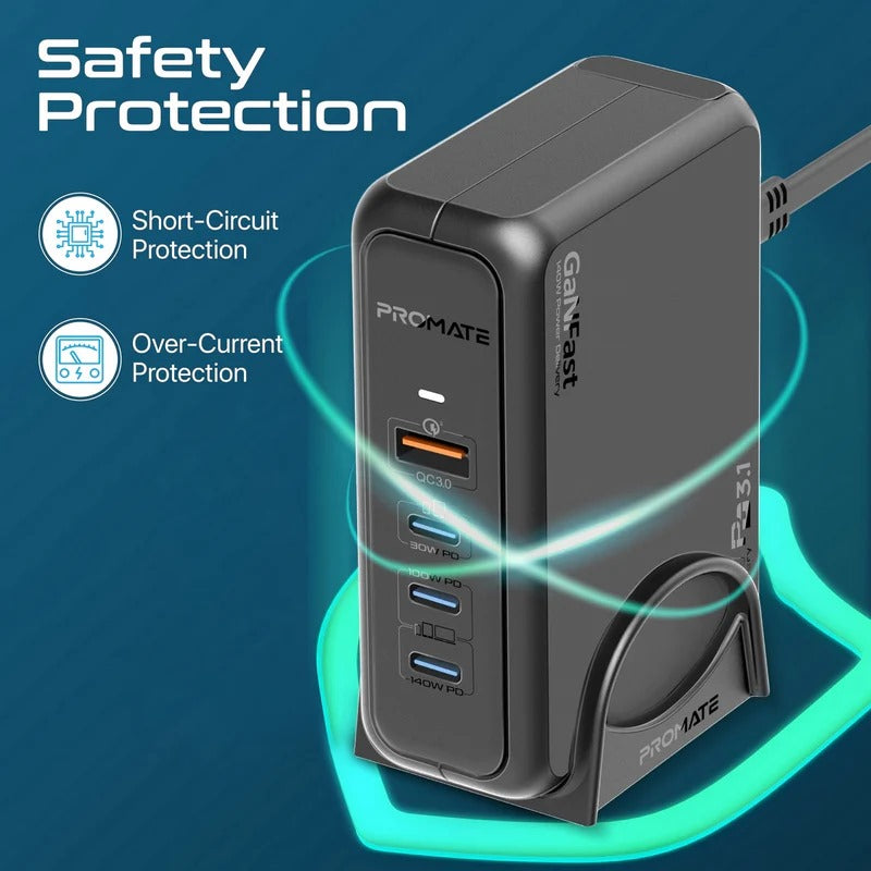 Promate 140W Super-Speed GaNFast™ Charging Station – Ultra-Fast PD 3.1 & QC 3.0 Charger with 1.8m 240W Cable - Veritas Electronics Kenya