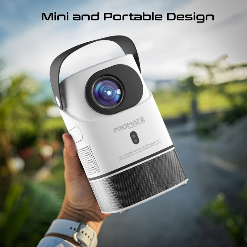 Mini Portable Projector- Promate Multi-Function Wireless 4K UHD Projector β 250 ANSI Lumens, HiFi Speakers & RGB Ambience