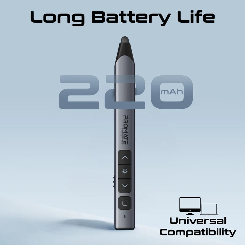 Promate Universal Intuitive Wireless Presenter with Stylus Pen – Green Laser Pointer, 220mAh Battery