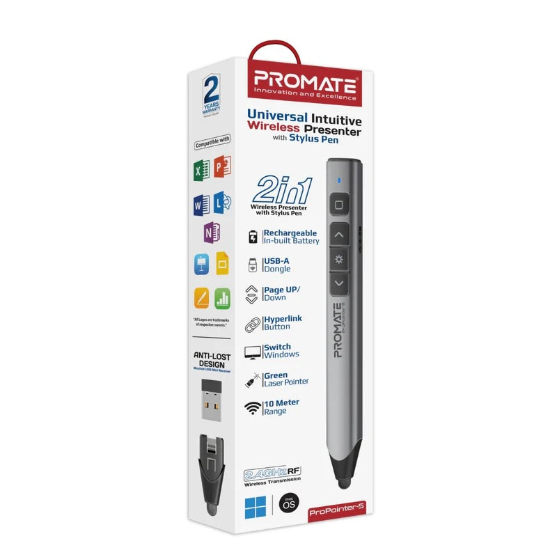 Promate Universal Intuitive Wireless Presenter with Stylus Pen – Green Laser Pointer, 220mAh Battery