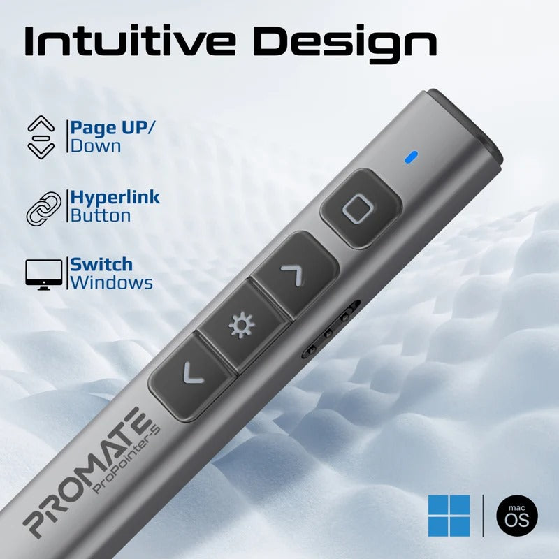 Promate Universal Intuitive Wireless Presenter with Stylus Pen – Green Laser Pointer, 220mAh Battery