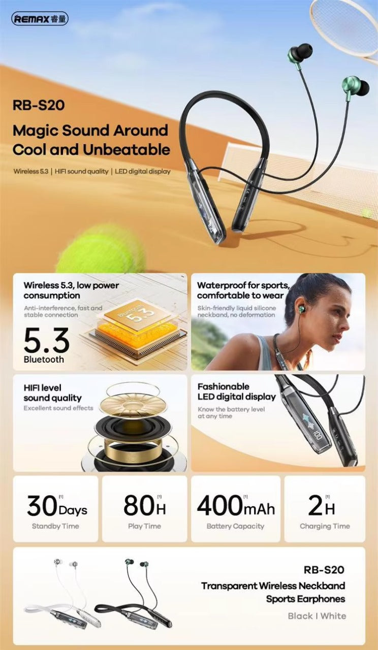 Remax RB-S20 Neckband Earbuds 20H Battery – Waterproof Sport Headset