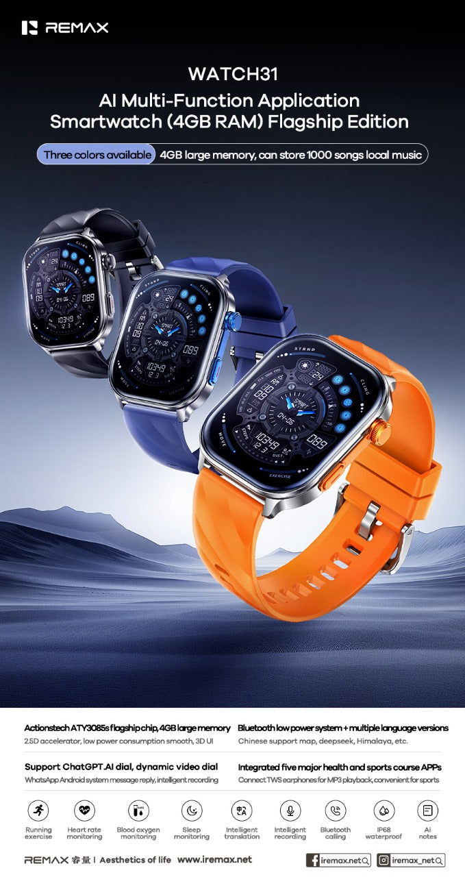 Remax WATCH31 AI Smartwatch: Wireless Bluetooth Calls & 7-Day Battery Life
