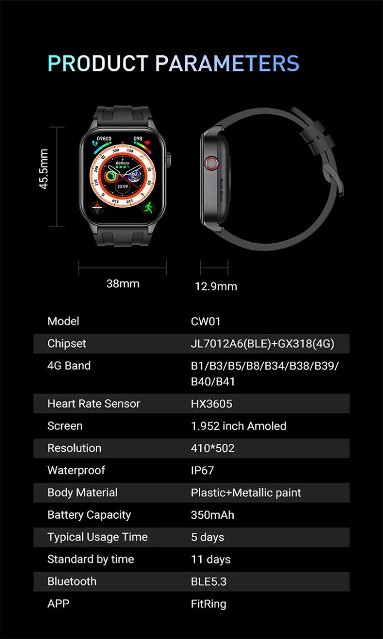 CW01 4G Smart Watch with SIM Card Slot – 1.95” AMOLED, IP67 Waterproof, Wireless Charging, 5-Day Battery - Veritas Electronics Kenya