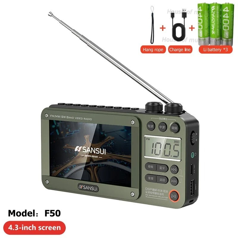 Sansui F50 Portable 4.3 Inch LCD Screen Radio - Multi-band HF AM/FM Radio with Built-in Rechargeable Battery & Bluetooth, USB, TF Card Support