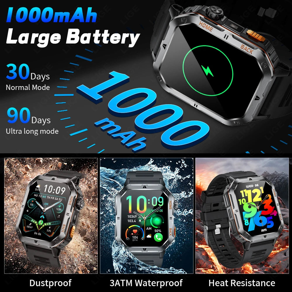 LIGE Men's Smart Watch 2.01" HD | 1000mAh Battery | 3ATM Waterproof - Veritas Electronics Kenya