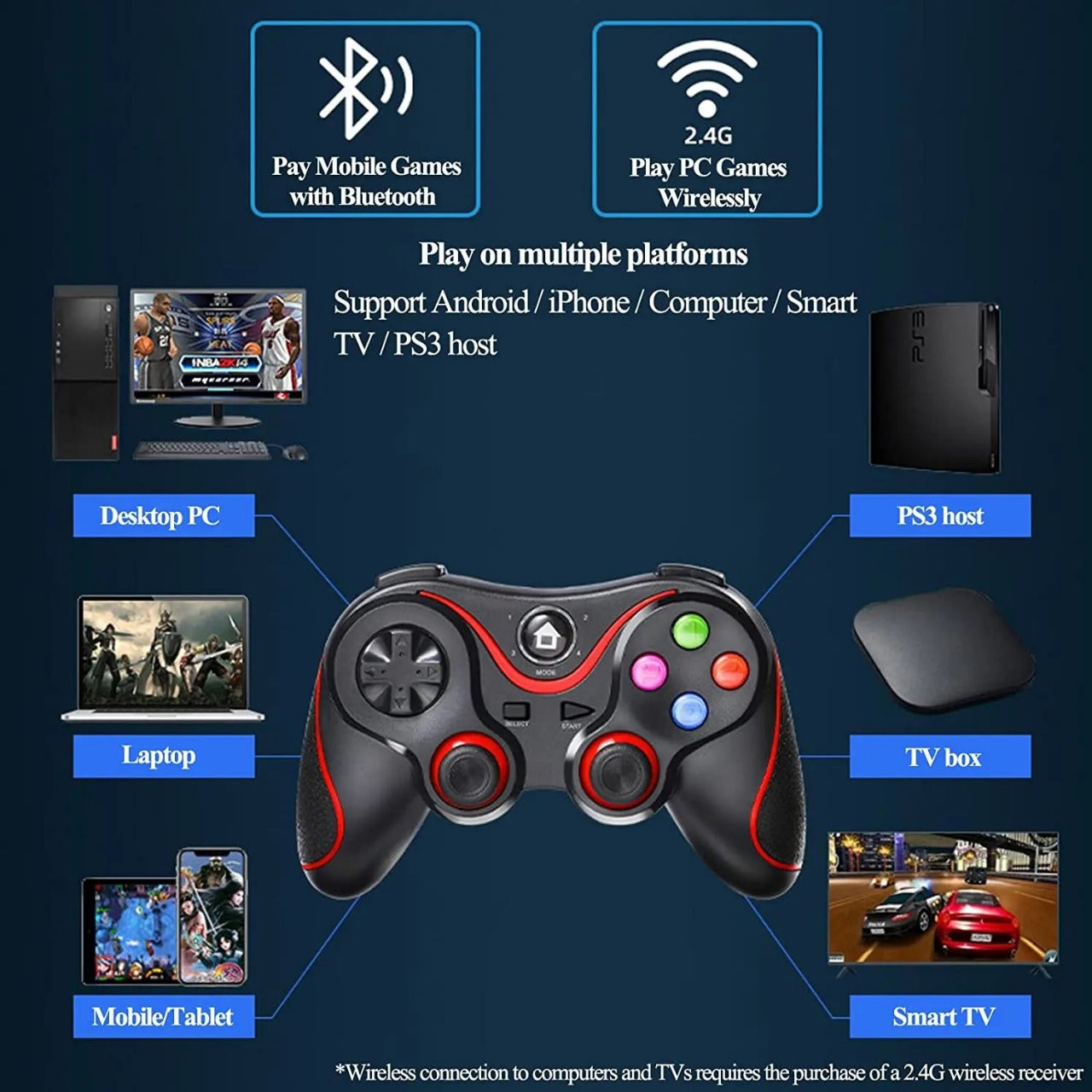 V8 Wireless Game Controller Joystick Gamepad with Phone Holder – Compatible with Android, iOS, Smart TV, PS3 & PC