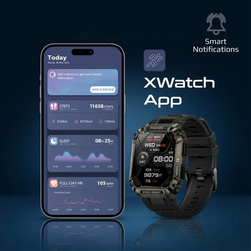 Promate XWATCH-S19 Black Tough-Built Smartwatch | IP67, 12 Days Battery, BT Calls, Health Tracker - Veritas Electronics Kenya