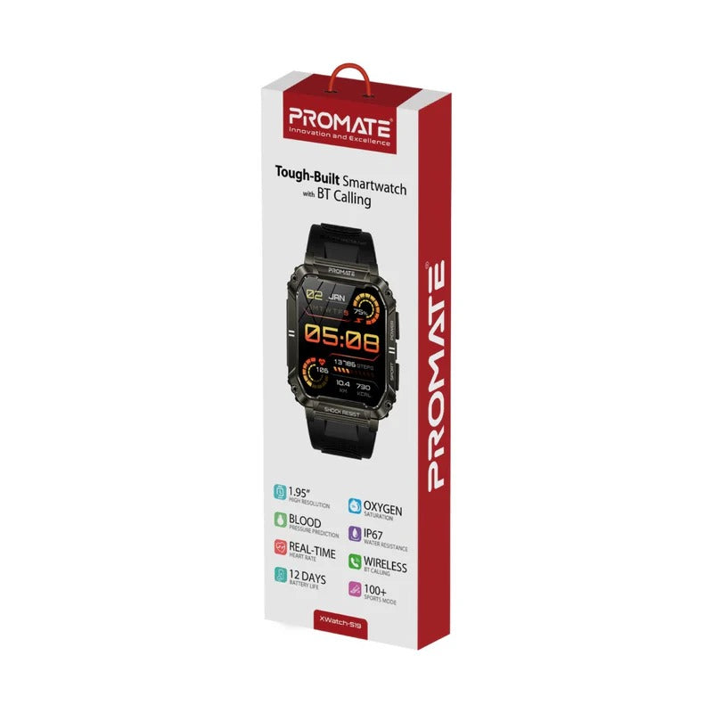 Promate XWATCH-S19 Black Tough-Built Smartwatch | IP67, 12 Days Battery, BT Calls, Health Tracker - Veritas Electronics Kenya
