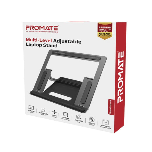 Laptop Stand in Nairobi Kenya | Promate Ergonomic Multi-Level Aluminum Laptop Stand – Adjustable Height, Foldable & Lightweight – Fits 10" to 17" Laptops - Veritas Electronics Kenya