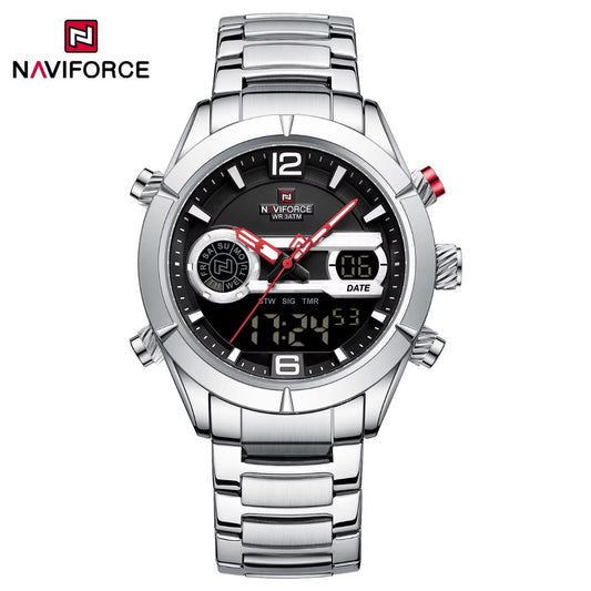 NAVIFORCE 9232 Quartz Watches for Men – Waterproof Steel Bracelet Sports Wristwatch with Digital Alarm Clock
