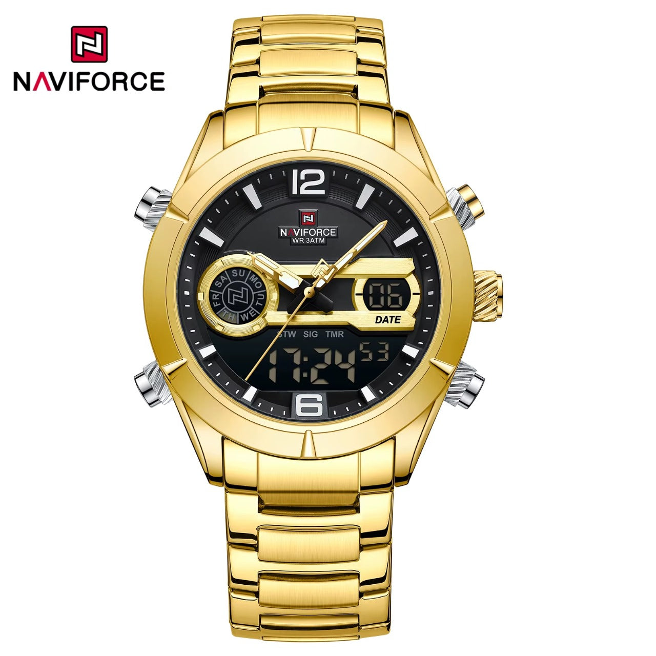 NAVIFORCE 9232 Quartz Watches for Men – Waterproof Steel Bracelet Sports Wristwatch with Digital