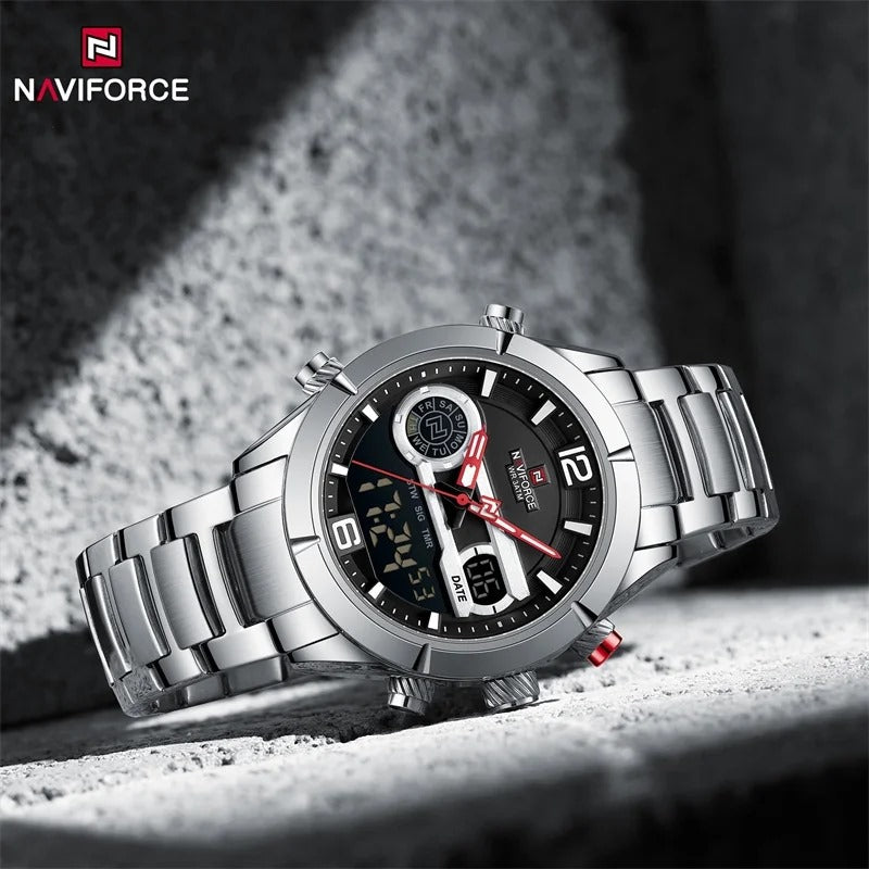 NAVIFORCE 9232 Quartz Watches for Men – Waterproof Steel Bracelet Sports Wristwatch with Digital