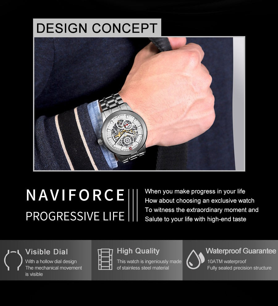 NAVIFORCE S1002 Luxury Silver Automatic Mechanical Watch for Men with Luminous Hands - Veritas Electronics Kenya