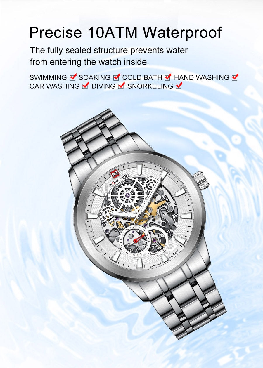 NAVIFORCE S1002 Luxury Silver Automatic Mechanical Watch for Men with Luminous Hands - Veritas Electronics Kenya