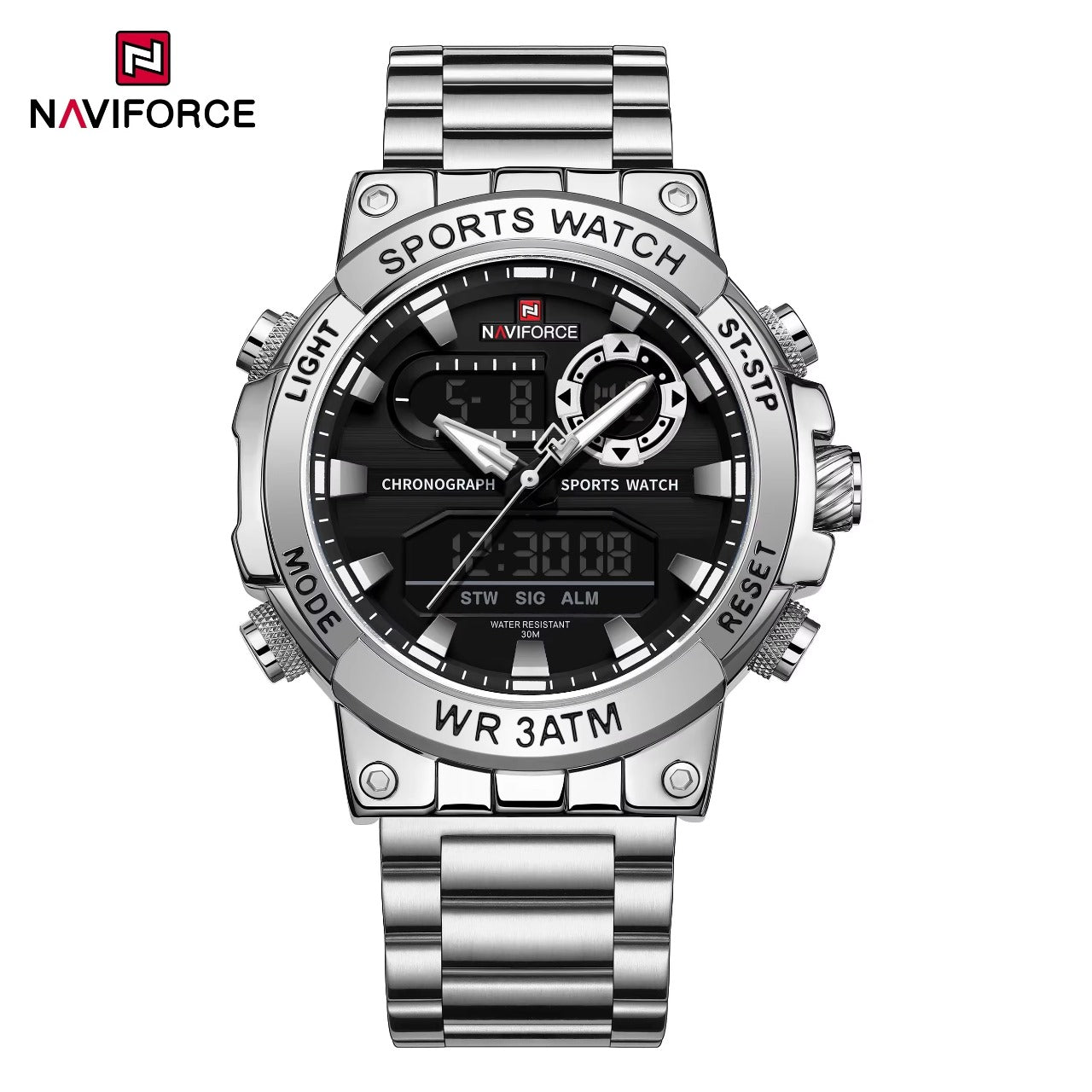 Naviforce NF 9237 Dual Display Men’s Watch – Stainless Steel, LED Light, Waterproof 3 ATM