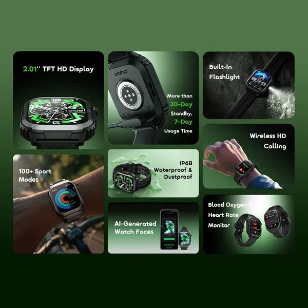 Oraimo Watch Lumos N OSW-808N – 2.01'' Anti-Scratch Panda Glass, Built-In Flashlight, IP68 Smart Watch