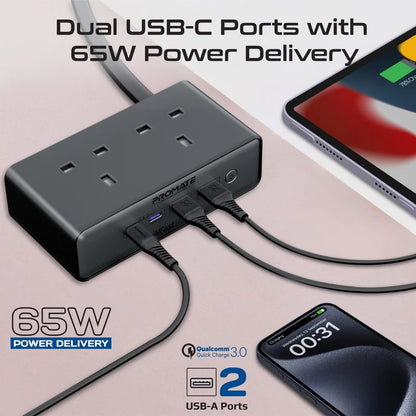 Promate 65W Power Delivery GaNFast™ charging station with 3250W Dual AC Socket • 2 x 65W USB-C PD Ports • 60W QC 3.0 Port • 2 Meter Cable Length - Veritas Electronics Kenya