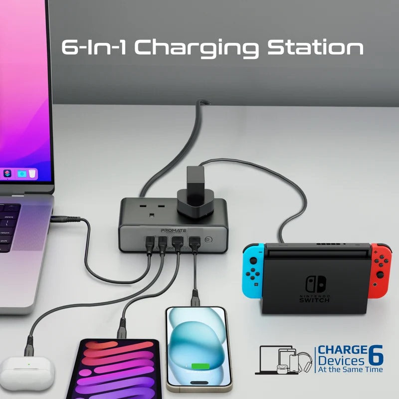 Promate 65W Power Delivery GaNFast™ charging station with 3250W Dual AC Socket • 2 x 65W USB-C PD Ports • 60W QC 3.0 Port • 2 Meter Cable Length - Veritas Electronics Kenya