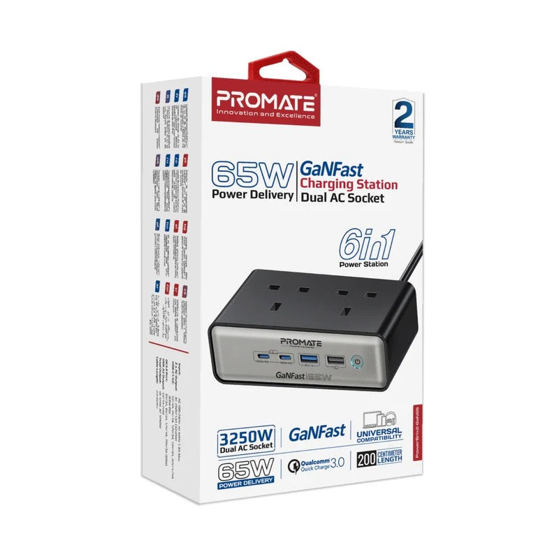 Promate 65W Power Delivery GaNFast™ charging station with 3250W Dual AC Socket • 2 x 65W USB-C PD Ports • 60W QC 3.0 Port • 2 Meter Cable Length - Veritas Electronics Kenya