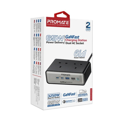 Promate 65W Power Delivery GaNFast™ charging station with 3250W Dual AC Socket • 2 x 65W USB-C PD Ports • 60W QC 3.0 Port • 2 Meter Cable Length - Veritas Electronics Kenya