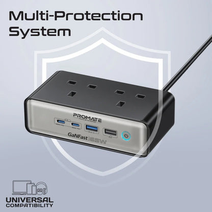 Promate 65W Power Delivery GaNFast™ charging station with 3250W Dual AC Socket • 2 x 65W USB-C PD Ports • 60W QC 3.0 Port • 2 Meter Cable Length - Veritas Electronics Kenya
