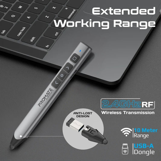 Promate Universal Intuitive Wireless Presenter with Stylus Pen – Green Laser Pointer, 220mAh Battery