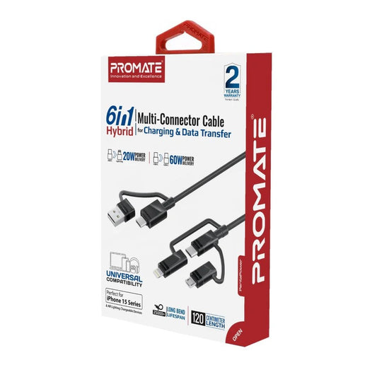 Promate 6-in-1 Hybrid Multi-Connector Cable for Charging & Data Transfer