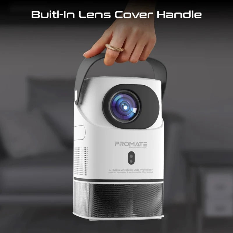 Mini Portable Projector- Promate Multi-Function Wireless 4K UHD Projector – 250 ANSI Lumens, HiFi Speakers & RGB Ambience