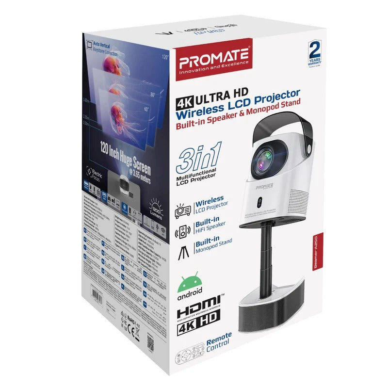 Mini Portable Projector- Promate Multi-Function Wireless 4K UHD Projector – 250 ANSI Lumens, HiFi Speakers & RGB Ambience