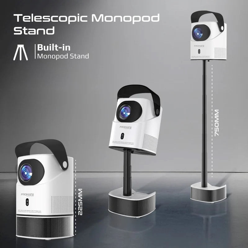 Mini Portable Projector- Promate Multi-Function Wireless 4K UHD Projector – 250 ANSI Lumens, HiFi Speakers & RGB Ambience