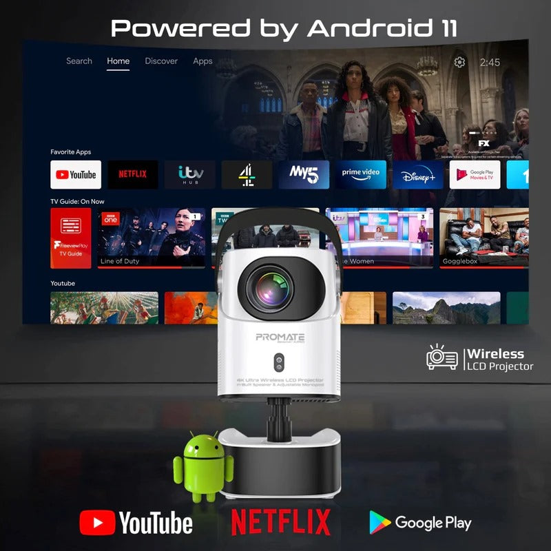 Mini Portable Projector- Promate Multi-Function Wireless 4K UHD Projector – 250 ANSI Lumens, HiFi Speakers & RGB Ambience