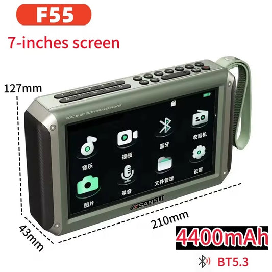 SANSUI F55 Portable Bluetooth Speaker with 7-Inch Display, FM Radio &amp; MP4 Video Playback.