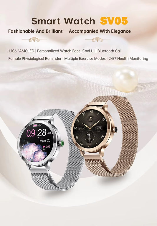 SV05 AMOLED High Quality Round Dial Gold Smartwatch for Women
