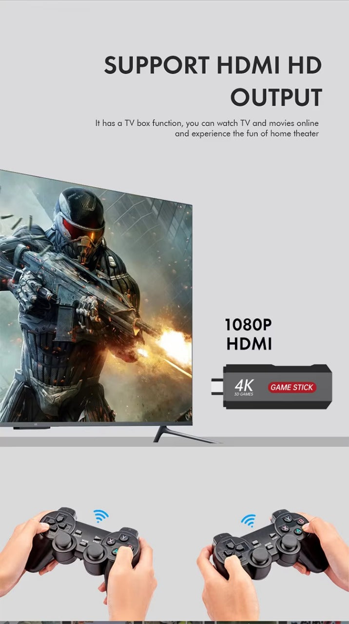 Game Stick 4K- X2 PLUS M8 2.4G TV Video Game Console – 64GB Retro Gaming Stick with 30,000+ Games & Dual Wireless Controllers