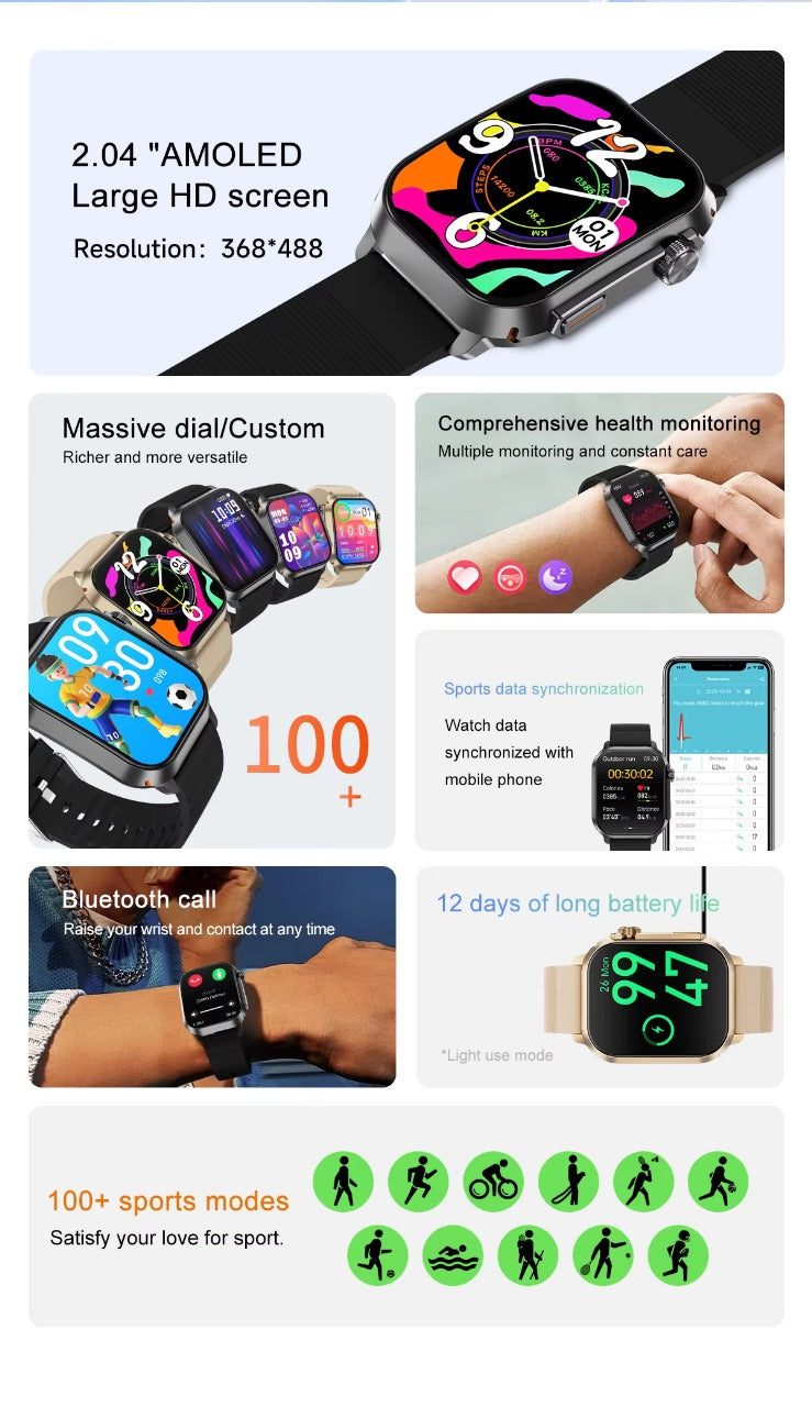 ZW50 2.04” AMOLED Curved Screen Sports Smart Watch – Bluetooth Calling, 100+ Sports Modes, IP67 Waterproof - Veritas Electronics Kenya